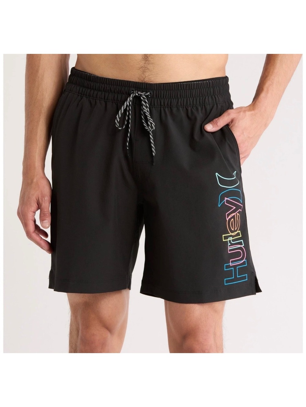 Hurley Crossover Volley Swim Shorts, Size L, Black with Rainbow Logo